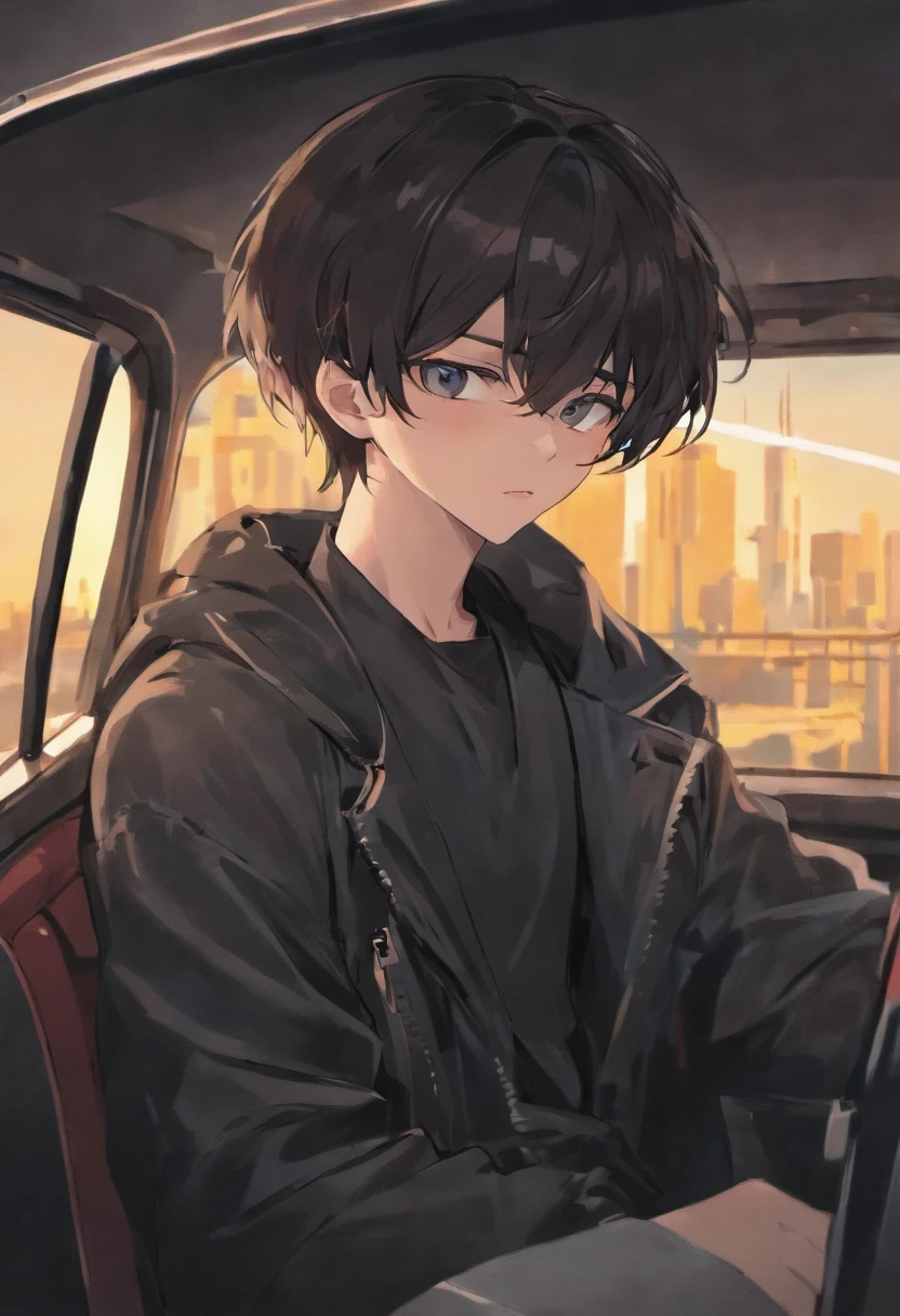 Arad man in a car wearing a black jacket and cell phone, Male Urzan, Shin Jinying, jinyoung shin aesthetic, 1 7 - year - old boy thin face, Kim Do-young, Wearing an all-black door wave mask, ulzzangs, jungkook, boy has short black hair, Cai Xukun, kanliu666