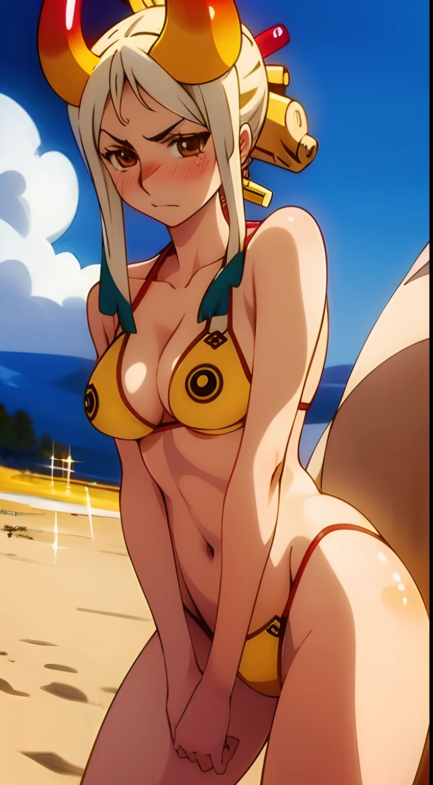 Yamato, gold bikini swimsuit, 1 girl, blush, beach, best quality, wallpaper, night, large full breasts,