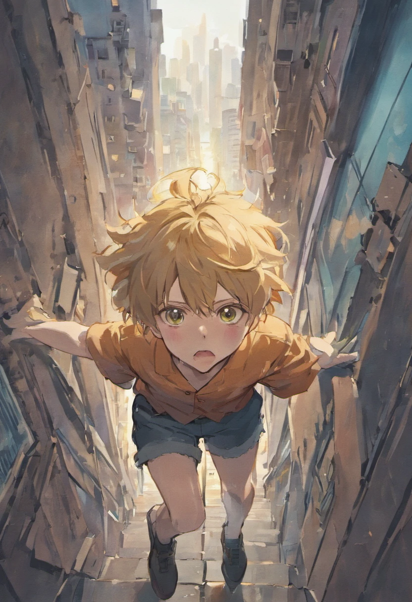 Long-haired boy falling from a building,Wear a school uniform, white shirt and shorts,Semi-reclining position,The expression is sad, Tears flew out,Two-dimensional boys,Black colored eyes,The background is the city at night,Surrounded by modern high-rise buildings