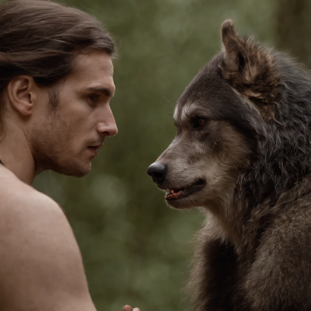A werewolf and a woml with ambiguous expressions,Fique ao lado de um Garoto Vampiro com cabelos longos e pretos com olhos azuis, roupa vitoriana, garoto bravo,alta qulidade,cinematic movie photograph,alto detalhe,A high resolution,8k,luz iluminada