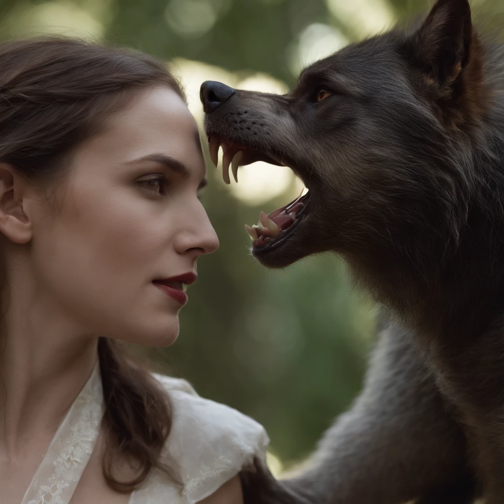 A werewolf and a woman,All with ambiguous expressions,Stand next to a pregnant woman who is crying,high qulity,Film photography,high detal,A high resolution,8K,brightened light