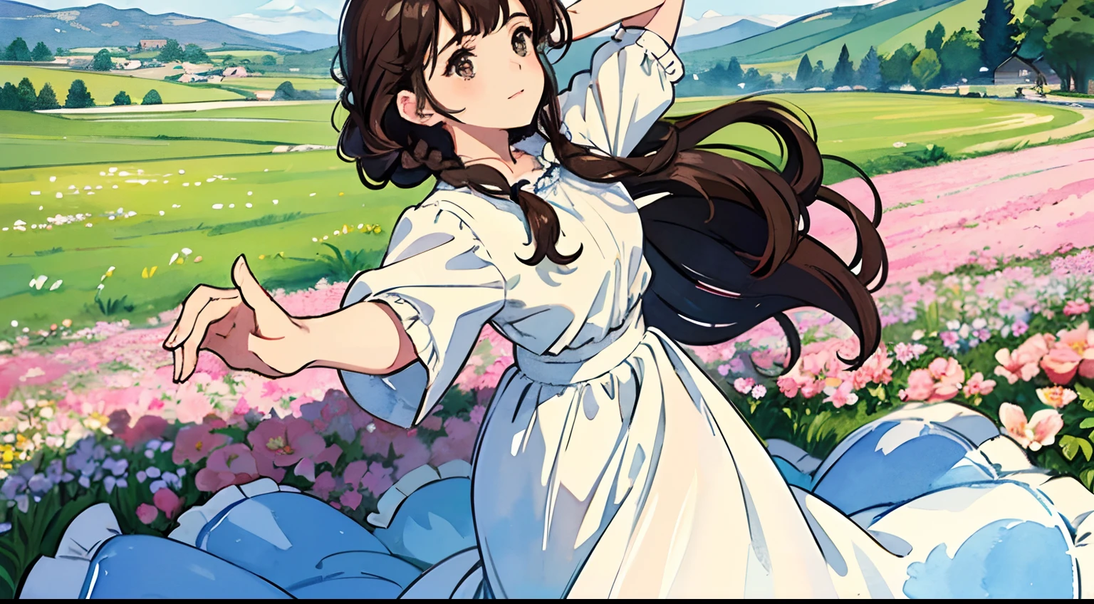 (Watercolor in Sargent style)、(top-quality、masterpiece)、Soft light、View of the Cotswolds,Old farmhouse、rivulets、flower bloom、One lady、dark brown hair、Braided hair、White blouse and long skirt、picnic、Dance happily alone on the hill、A delightful、look up to、