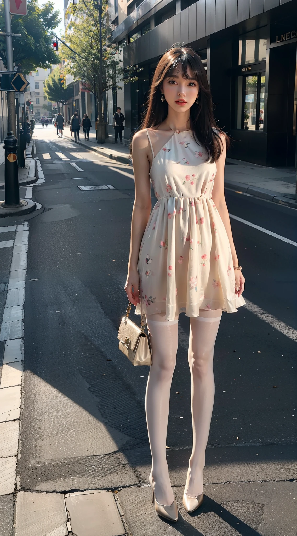 Single ball head，mature，Heavy makeup，Ultra-fine heel，Colorless flesh silk pantyhose，ear studs，Long legs，slanted bangs，are standing，Plenty of lighting，8K，On the street，In the daytime，two guys，Floral dress