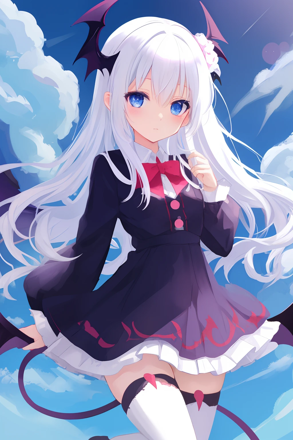 Anime loli adorable white hair blue eyes girl demon bat wings horns
