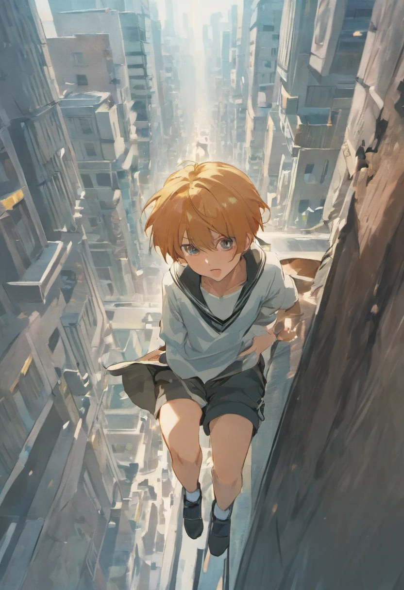 Long-haired boy falling from a building，Wear a school uniform, white shirt and shorts，Semi-reclining position，The expression is sad, Tears flew out，Two-dimensional boys，Black colored eyes，The background is the city at night，Surrounded by modern high-rise buildings，There are crowds and police cars below
