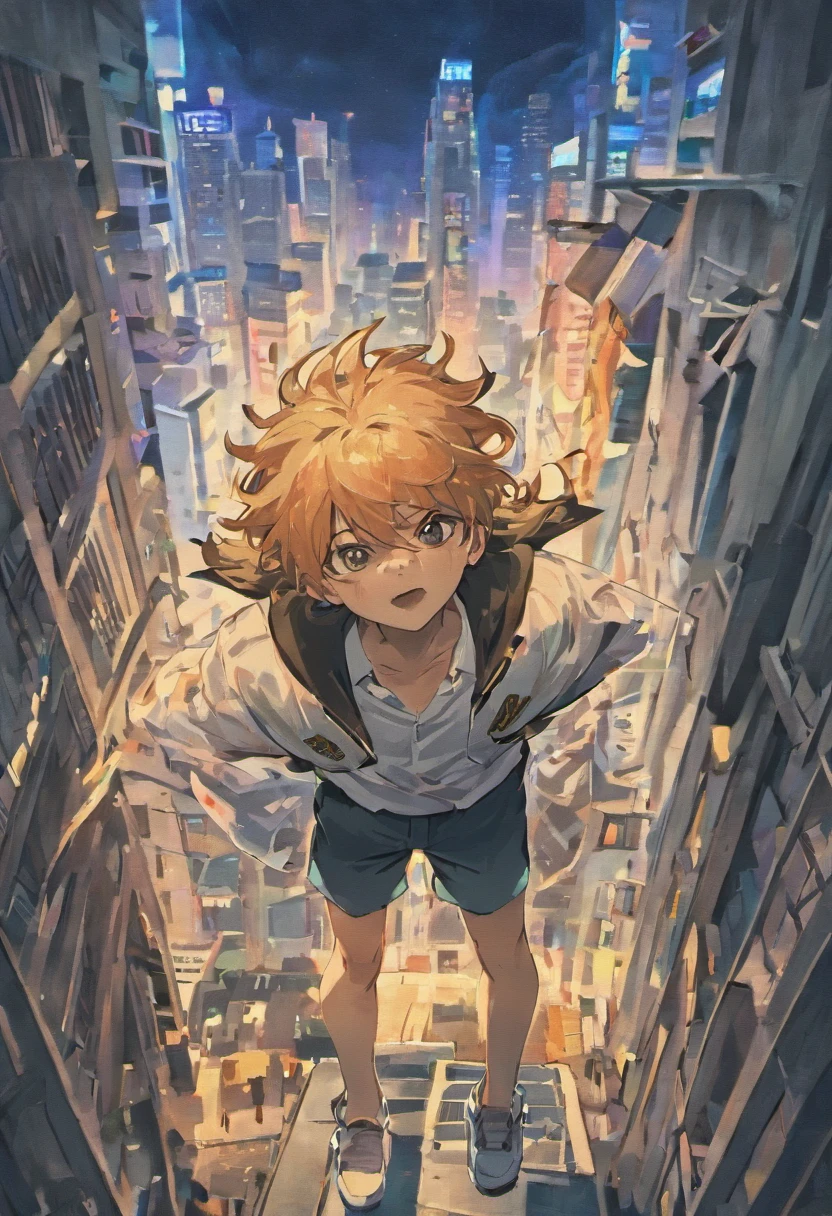 Long-haired boy falling from a building,Wear a school uniform, white shirt and shorts,Semi-reclining position,The expression is sad, Tears flew out,Two-dimensional boys,Black colored eyes,The background is the city at night,Surrounded by modern high-rise buildings,There are crowds and police cars below