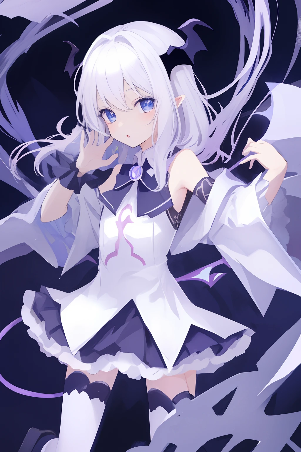 (fine, sharp images, super resolution, extremely amazing detail, awesome detail), subsurface scattering, masterpiece, best quality, high quality, 1girl, solo, upper body, (one hand at the side and the other on the waist), prism eyes, prism hair, prism, serious, [silver|white] + (blue: -0.3) hair, blue + red eyes, gradient eyes, multicolored eyes, calm, small breasts, student union uniform, gloves with optimal proportions of four fingers and one thumb, glow, Glowing eyes, glowing white particles, glitter, bloom, fantasy, cave,