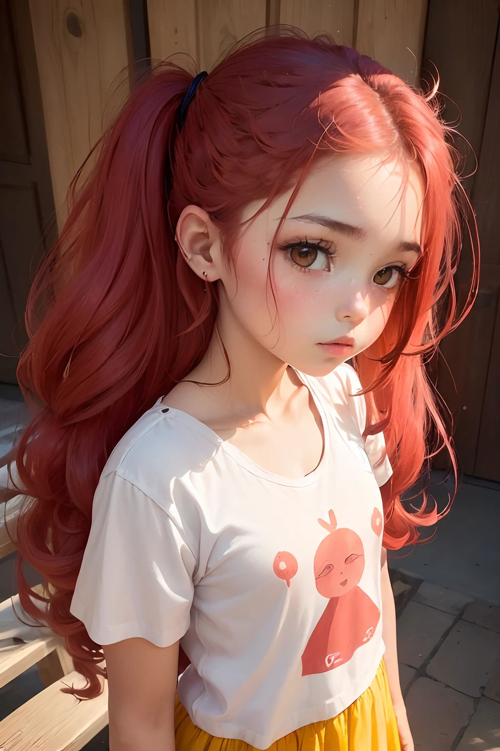 (((1girl))), ((((solamente)))), ((Peinado desordenado)), De pie tomando una foto, (((Cabello amarillo rojizo)), ojos rojos, Blusa suave