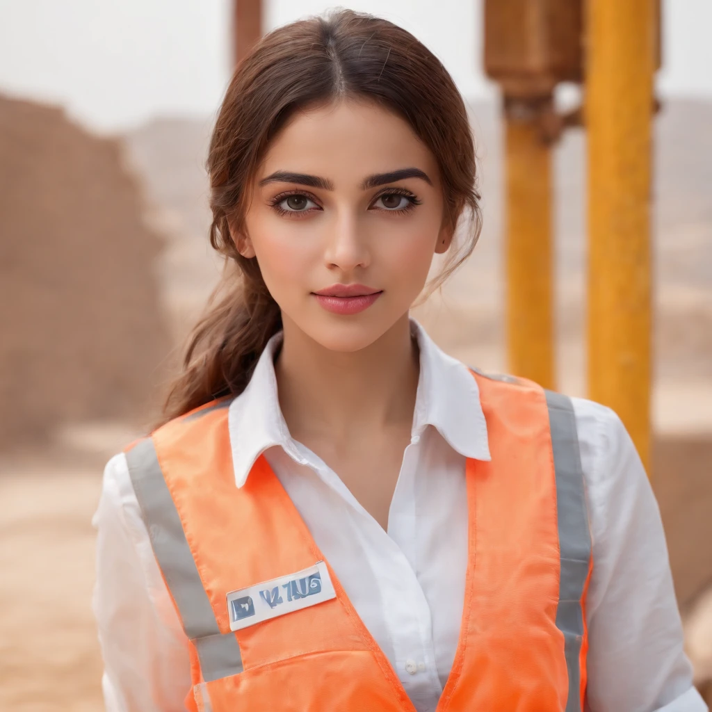(best quality,4k,8k,highres,masterpiece:1.2), ultra-detailed, (realistic,photorealistic,photo-realistic:1.37), beautiful arab girl, arab face, arab beauty, 18 years old, extremely beautiful, extremely detailed, attractive, sexy, hot, construction worker, construction backgrounds, vibrant colors, soft lighting , full body , wearing construction uniform , big breast