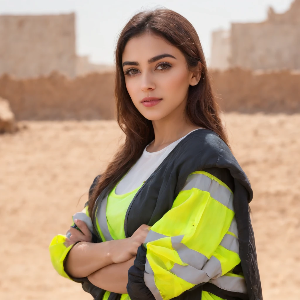 (best quality,4k,8k,highres,masterpiece:1.2), ultra-detailed, (realistic,photorealistic,photo-realistic:1.37), beautiful arab girl, arab face, arab beauty, 18 years old, extremely beautiful, extremely detailed, attractive, sexy, hot, construction worker, construction backgrounds, vibrant colors, soft lighting , full body , wearing construction uniform , big breast