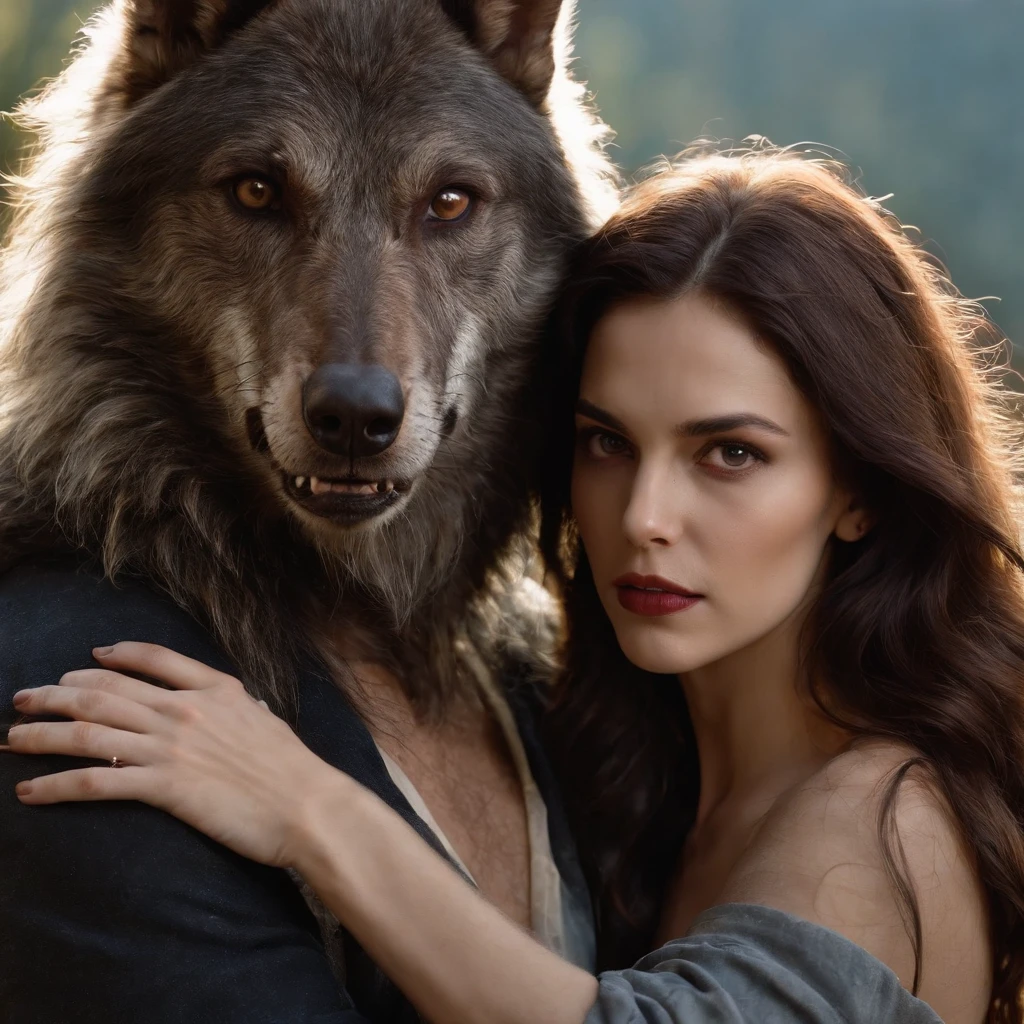 A werewolf and a woml with ambiguous expressions,Fique ao lado de um Garoto Vampiro com cabelos longos e pretos com olhos azuis, roupa vitoriana, garoto bravo,alta qulidade,cinematic movie photograph,alto detalhe,A high resolution,8k,luz iluminada