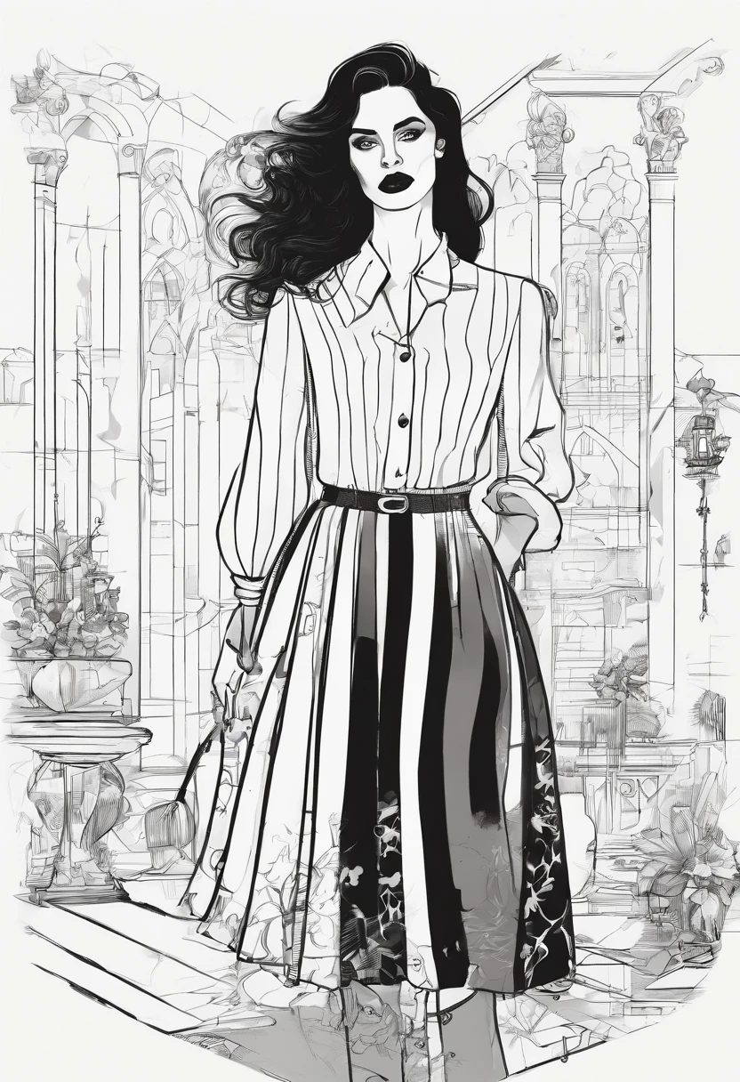 Gothic girl striped outfit black hair Tim Burton style comic 2d grafit