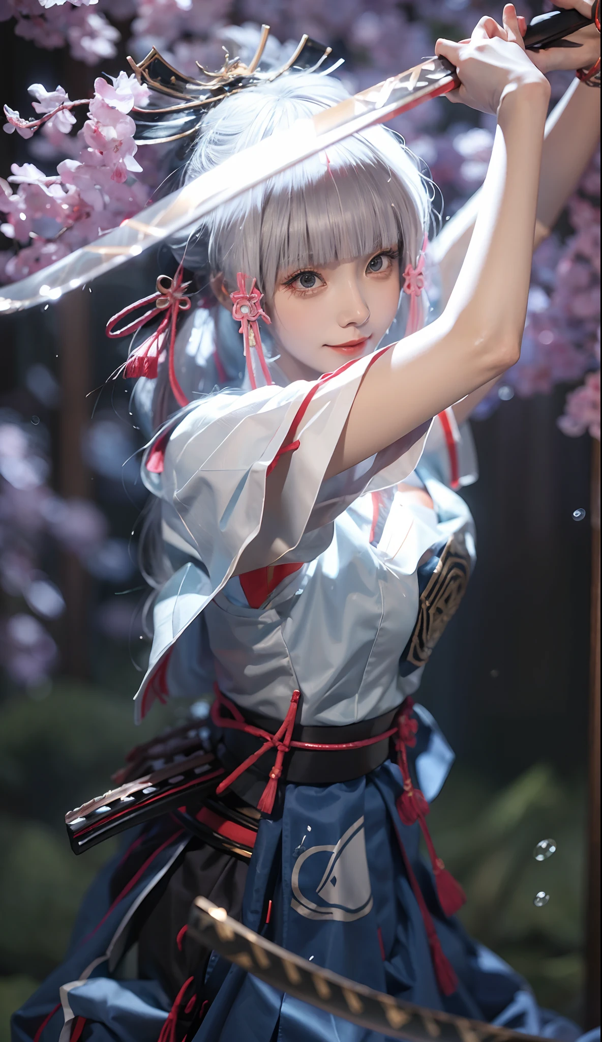 sword, weapon, holding sword, japanese clothes, katana, 1girl, long hair, solo, holding weapon, holding, silver hair, blurry, white kimono, glint, breasts, very long hair, looking at viewer, sheath, water drop, miko, short sleeves, closed mouth, depth of field, bangs, kimono, blurry foreground, blurry background, smile, unsheathed, bubble, hakama, wide sleeves