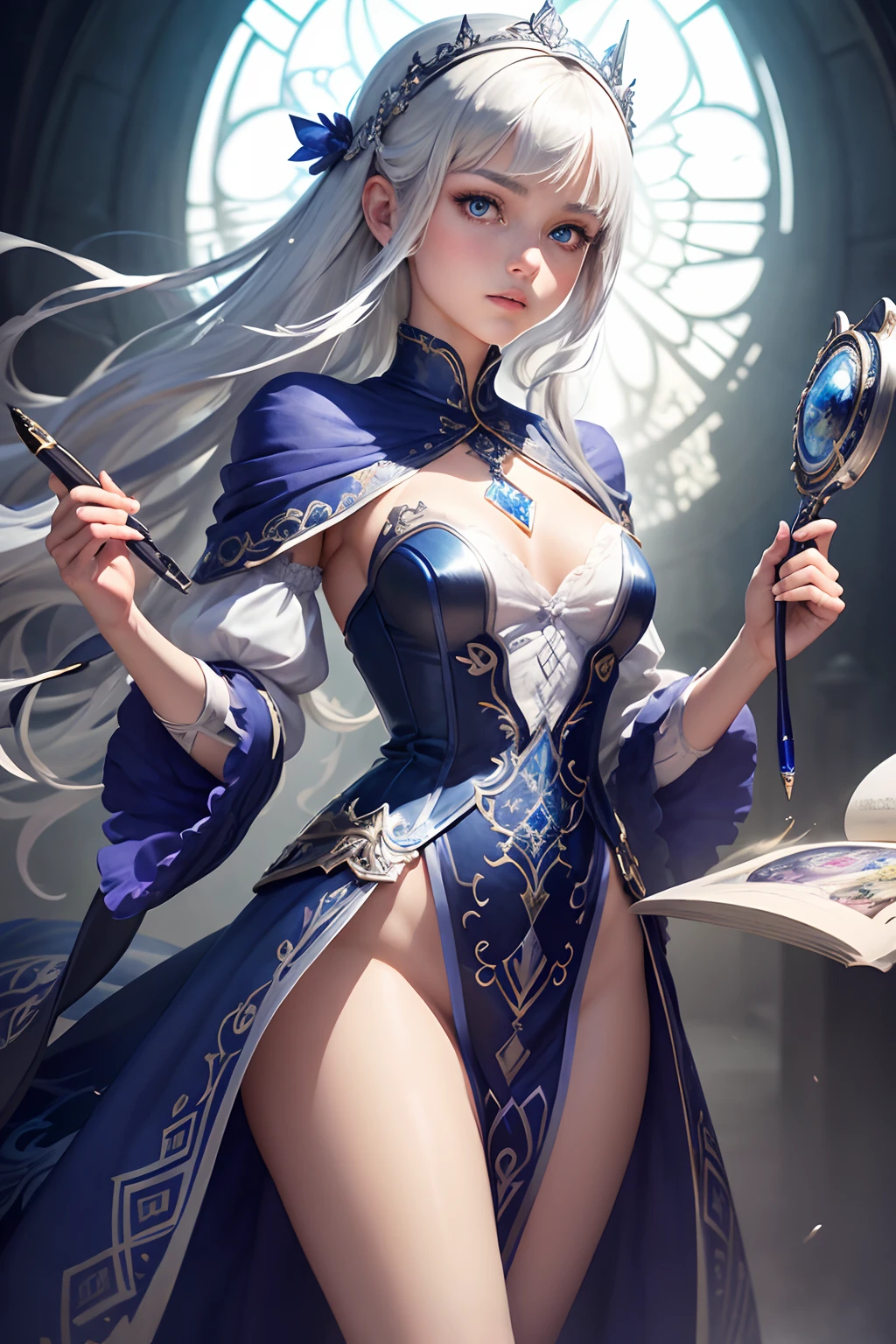 Describe the enchanting world of a teenage magical artist with striking white silver hair and lapis lazuli colored eyes. Her unique talent lies in wielding a digital pen that possesses the extraordinary power to transform her drawings into reality. Explore the intricate details of her artwork and the wondrous consequences of her creations in a realm where imagination knows no bounds
