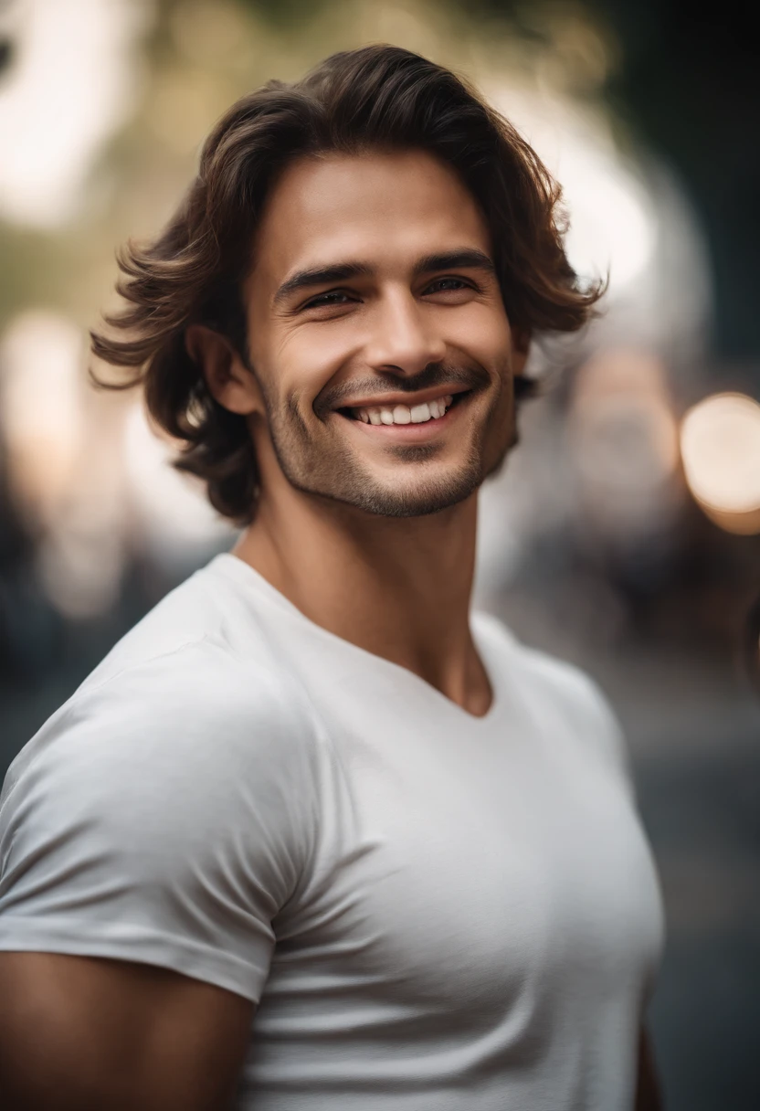 (photo: 1.3) af (realism: 1.3), male headshot, soft light, face focus, ((((white t-shirt))) happy, cheerful, smiling, warm light, ((blank background)) , profile picture, (long hair or short hair), smiling, handsome, young, , short hair, smiling