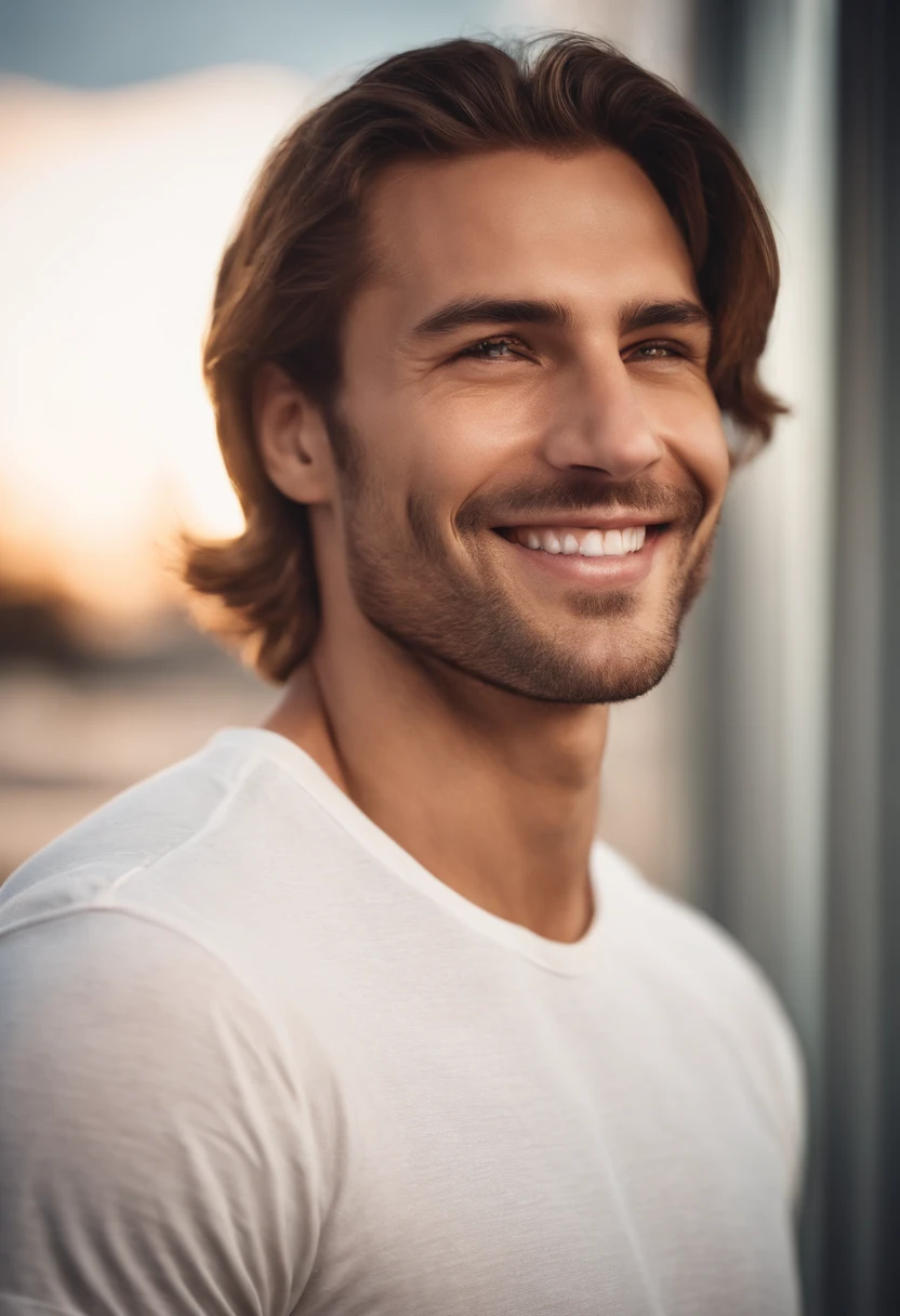 (photo: 1.3) af (realism: 1.3), male headshot, soft light, face focus, ((((white t-shirt))) happy, cheerful, smiling, warm light, ((blank background)) , profile picture, (long hair or short hair), smiling, handsome, young, , short hair, smiling