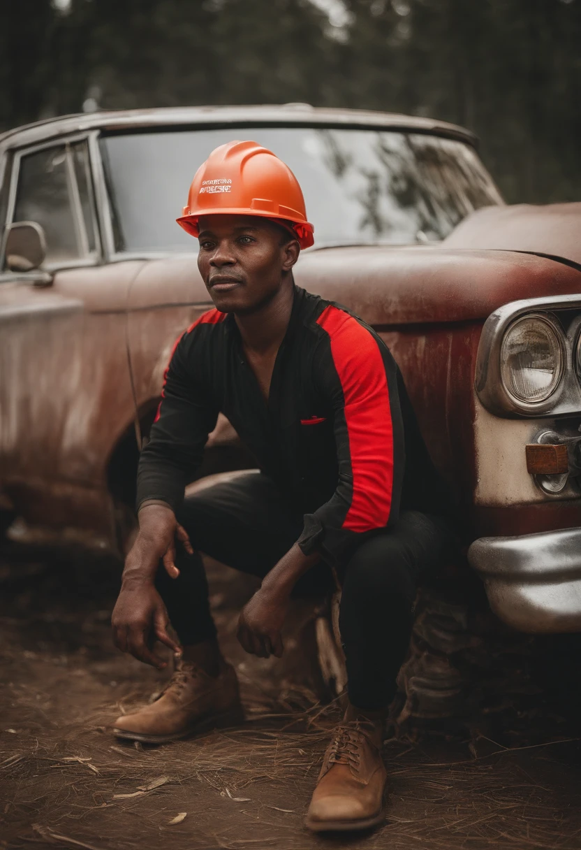Red hard hat,sat on the ground,low head,Cover your face
