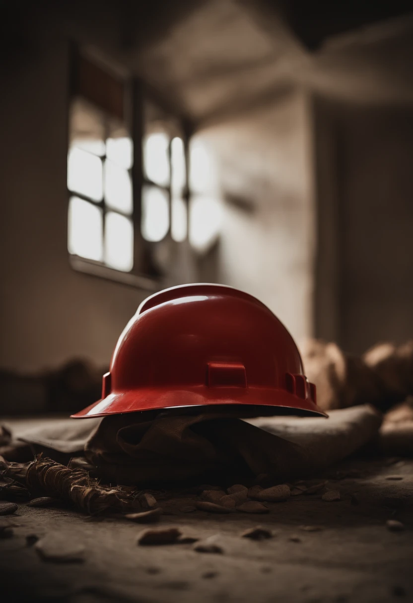 Red hard hat,sat on the ground,low head,Cover your face