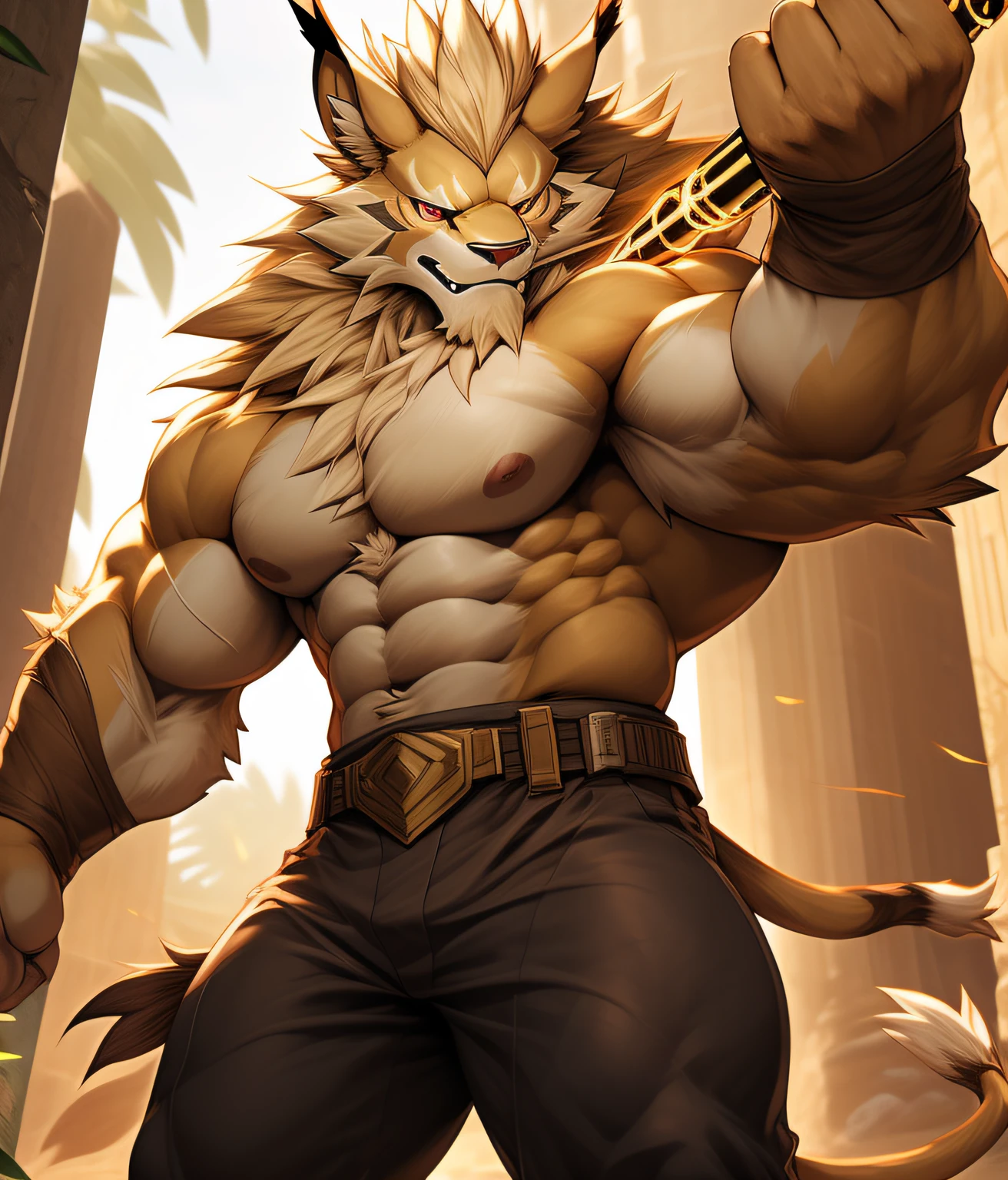 nj5furry, (Leomon, massive, huge), Leomon, ((extremely realistic shadows, masterpiece, extremely detailed, photorealistic)), kemono, the fur on his torso and thighs is the same color as the fur on his back, (((LIGHT BROWN FUR))) Leomon, ((detailed face)) red nose, red eyes, ((detailed eyes)), tan skin, tan fur, tan hair, height 3 meters high, the optimal height, tight clothing, body full of muscles; muscle pecs, ripped abs, V-shaped body, thick waist, long legs, strong arms manly, handsome face, attractive cool calm face type with a cold smile, topless. Ruins of a Jedi temple  behind him; wears a ery tight dark brown Jedi style pants revealing huge muscular thighs and a light brown cloth belt, golden light saber off; (((golden lightsaber, off))) lightsaber hanging from the belt.