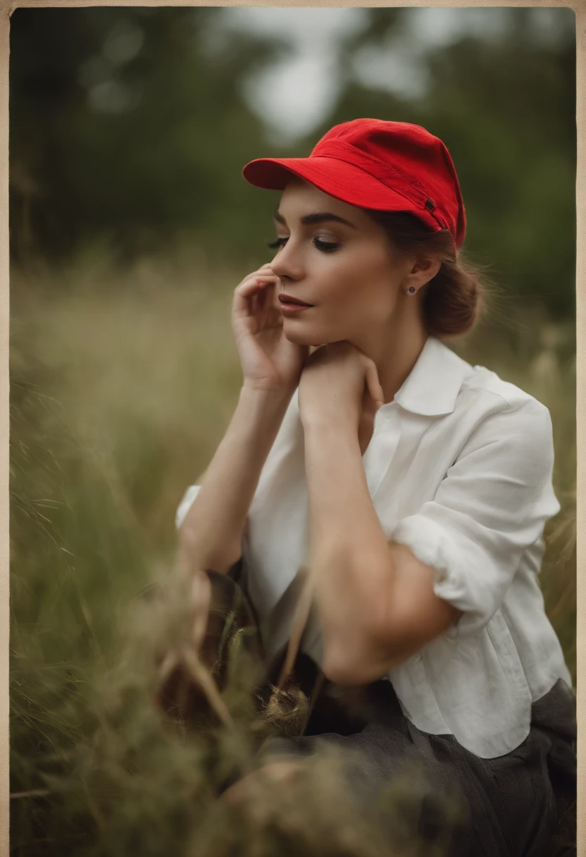 Red hard hat,sat on the ground,low head,Cover your face,girl,grassy fields