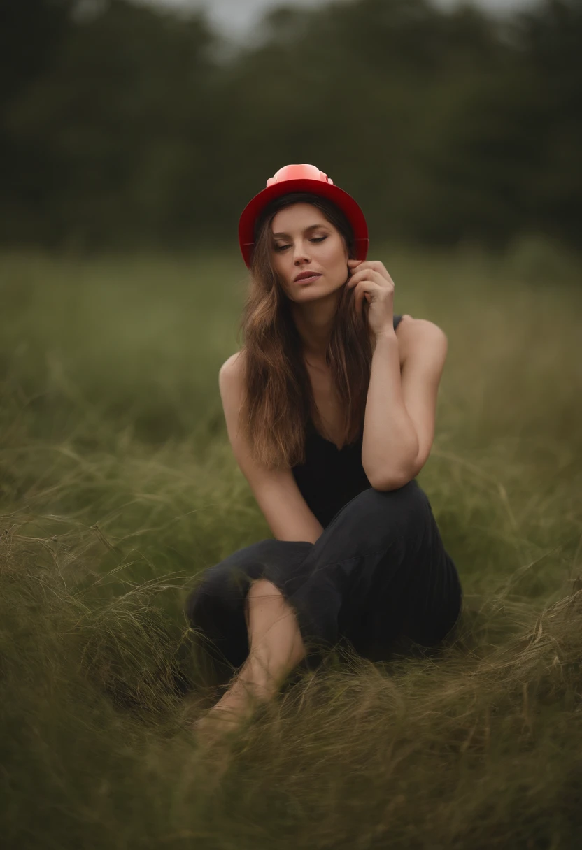 Red hard hat，sat on the ground，low head，Cover your face，girl，grassy fields