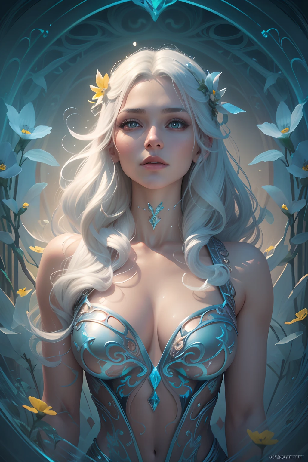 Bright yellow Archangel flowers, there is a woman with white hair and a sword in a field, closeup fantasy with water magic, ethereal beauty, with frozen flowers around her, fantasy portrait, ethereal fantasy, beautiful fantasy portrait, goddess of the ocean, flower storm portrait, a stunning portrait of a goddess, fantasy genre portrait, water fairy, ethereal fairytale, beautiful maiden, beautiful fantasy art portrait Alien creature in humanoid shape, with opalescent skin and iridiscent scales, masterpiece, absolutely perfect, stunning image, visually rich, intricately detailed, concept art, by Mschiffer, glowy, cinematic, UHD wallpaper, 3d, octane render, volumetric lights