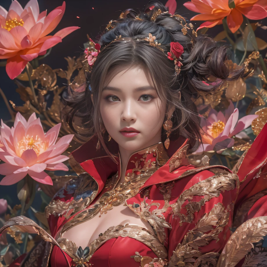 32K(tmasterpiece,k hd,hyper HD,32K)curlies,Flowing rouge,ponds,zydink, a color, Liaoning people (Charming girl), (Indigo scarf), Combat posture, looking at the ground, Flowing rouge curls,Green emerald tiara, Chinese long-sleeved rose gold garment, (Abstract gouache splash:1.2), Pink lotus background,Water lily flower protector(realisticlying:1.4),Rouge hair,Autumn is in full swing,The background is pure, A high resolution, the detail, RAW photogr, Sharp Re, Nikon D850 Film Stock Photo by Jefferies Lee 4 Kodak Portra 400 Camera F1.6 shots, Rich colors, ultra-realistic vivid textures, Dramatic lighting, Unreal Engine Art Station Trend, cinestir 800,Large curls,Flowing rouge