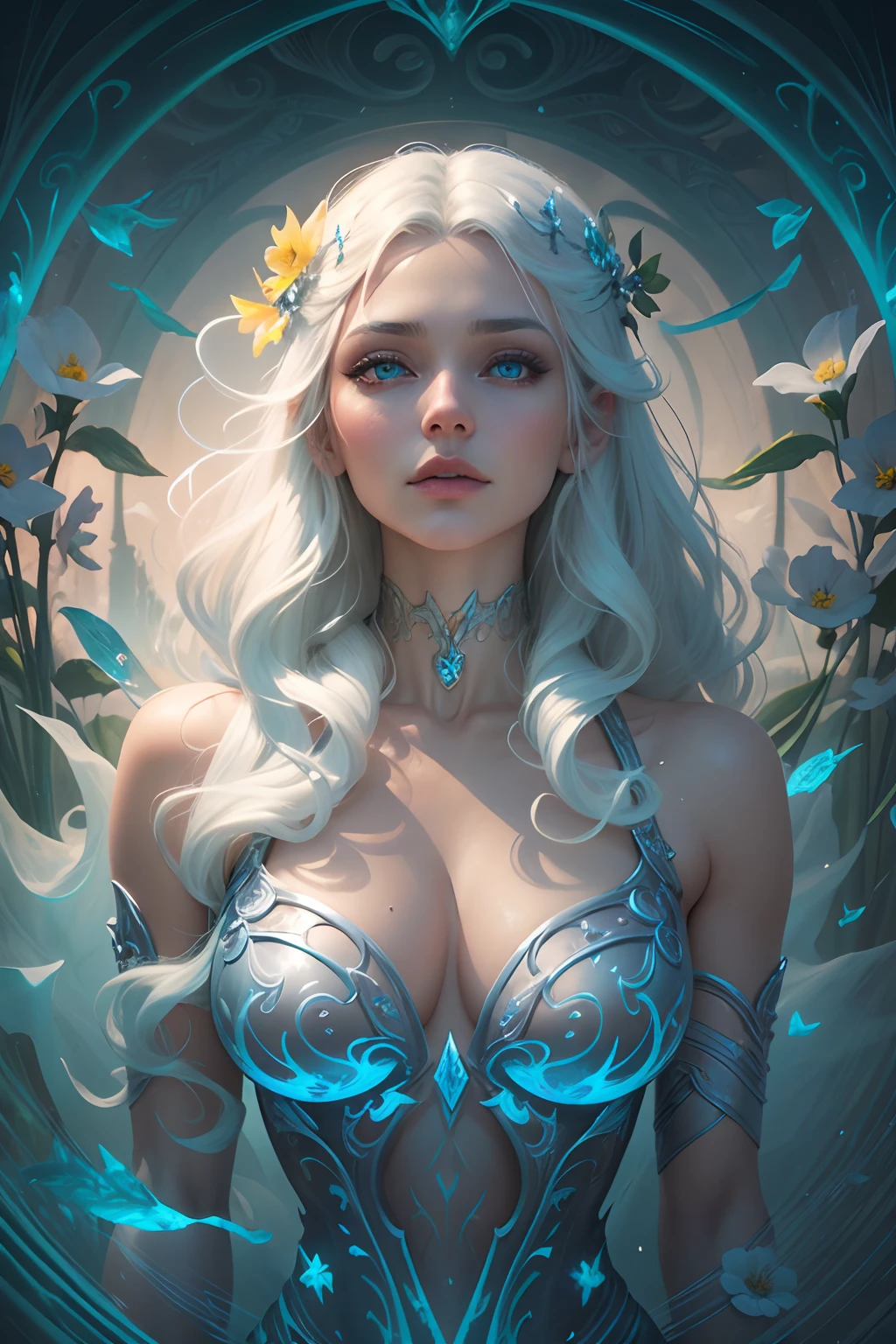Bright yellow Archangel flowers, there is a woman with white hair and a sword in a field, closeup fantasy with water magic, ethereal beauty, with frozen flowers around her, fantasy portrait, ethereal fantasy, beautiful fantasy portrait, goddess of the ocean, flower storm portrait, a stunning portrait of a goddess, fantasy genre portrait, water fairy, ethereal fairytale, beautiful maiden, beautiful fantasy art portrait Alien creature in humanoid shape, with opalescent skin and iridiscent scales, masterpiece, absolutely perfect, stunning image, visually rich, intricately detailed, concept art, by Mschiffer, glowy, cinematic, UHD wallpaper, 3d, octane render, volumetric lights