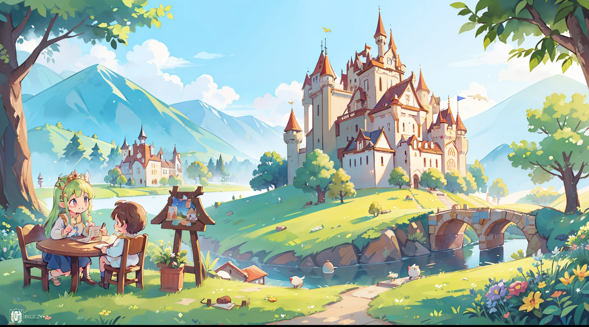 ((picture book illustration)), fantasy landscape, watercolor illustration, whimsical, warm colors, fairytale castle and village, ((princess castle)), fairytale medieval style houses, ((masterpiece)), highly detailed environment