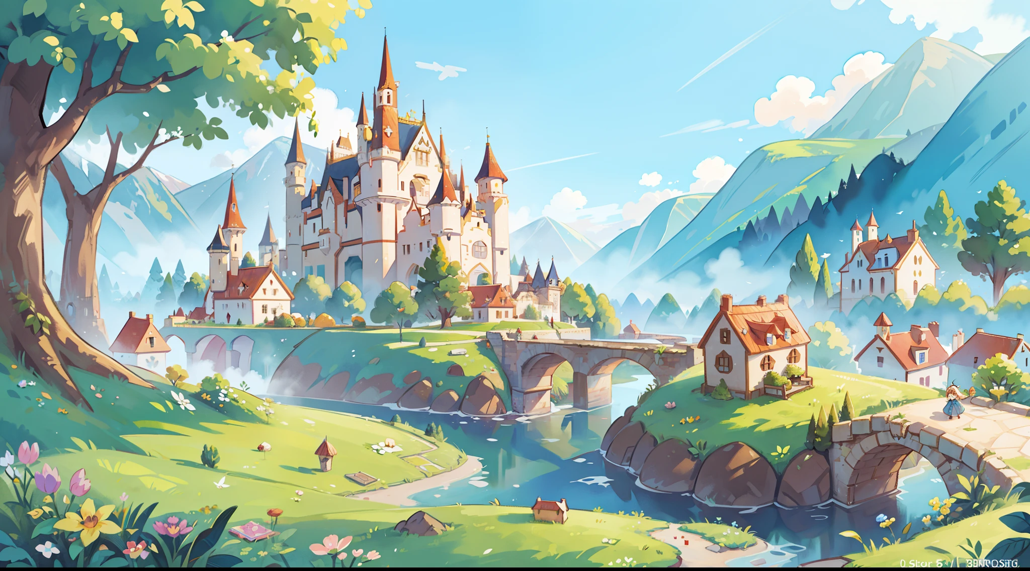 ((picture book illustration)), fantasy landscape, watercolor illustration, whimsical, warm colors, fairytale castle and village, ((princess castle)), fairytale medieval style houses, ((masterpiece)), highly detailed environment