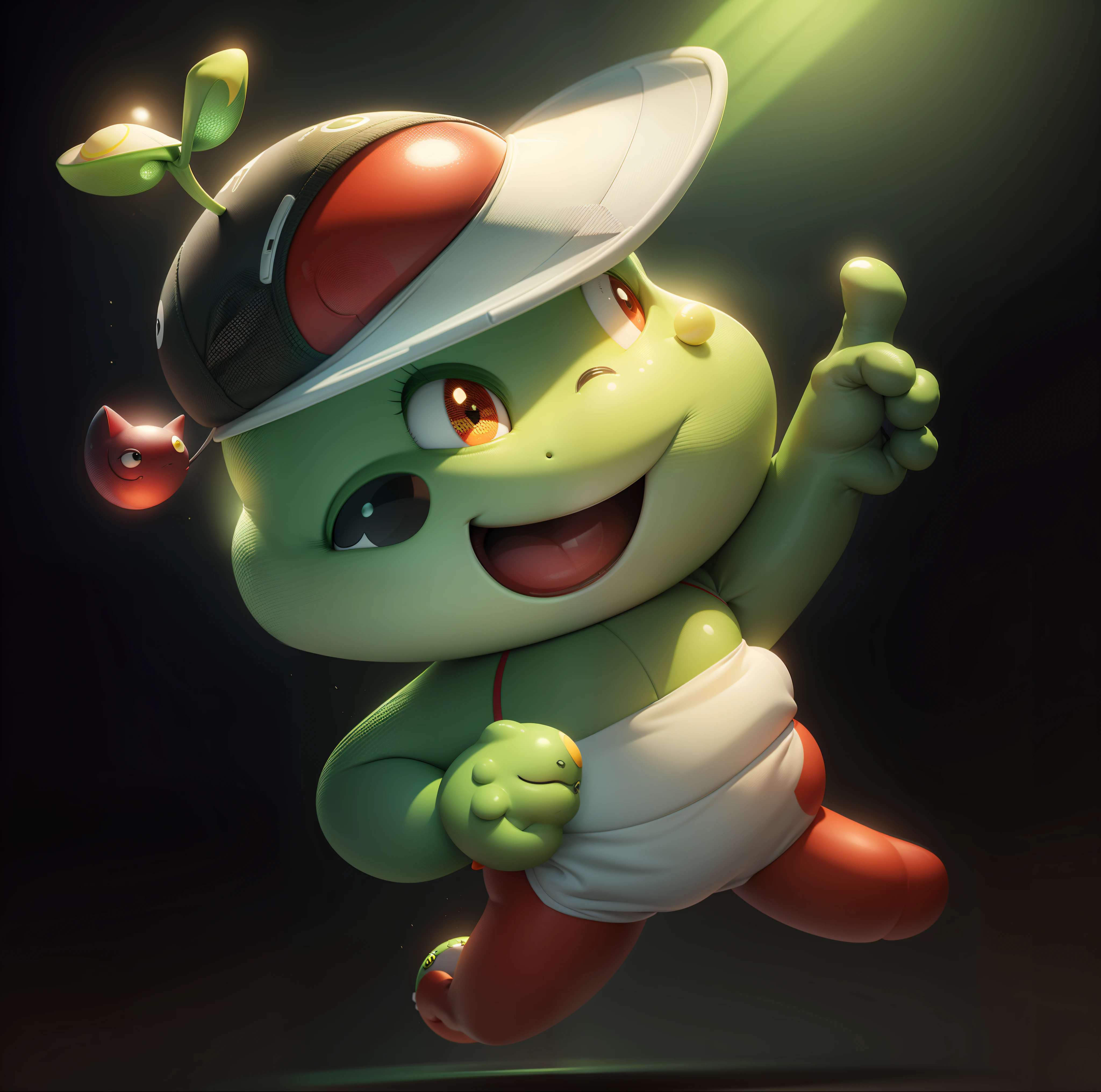 Cute cartoon,Round and cute,Green skin,Redfaced,黑The eye,Yellow belly,Red sports cap,white brims,ssmile,Rounded,white backgrounid,3D cartoon style rendering,Roundness,