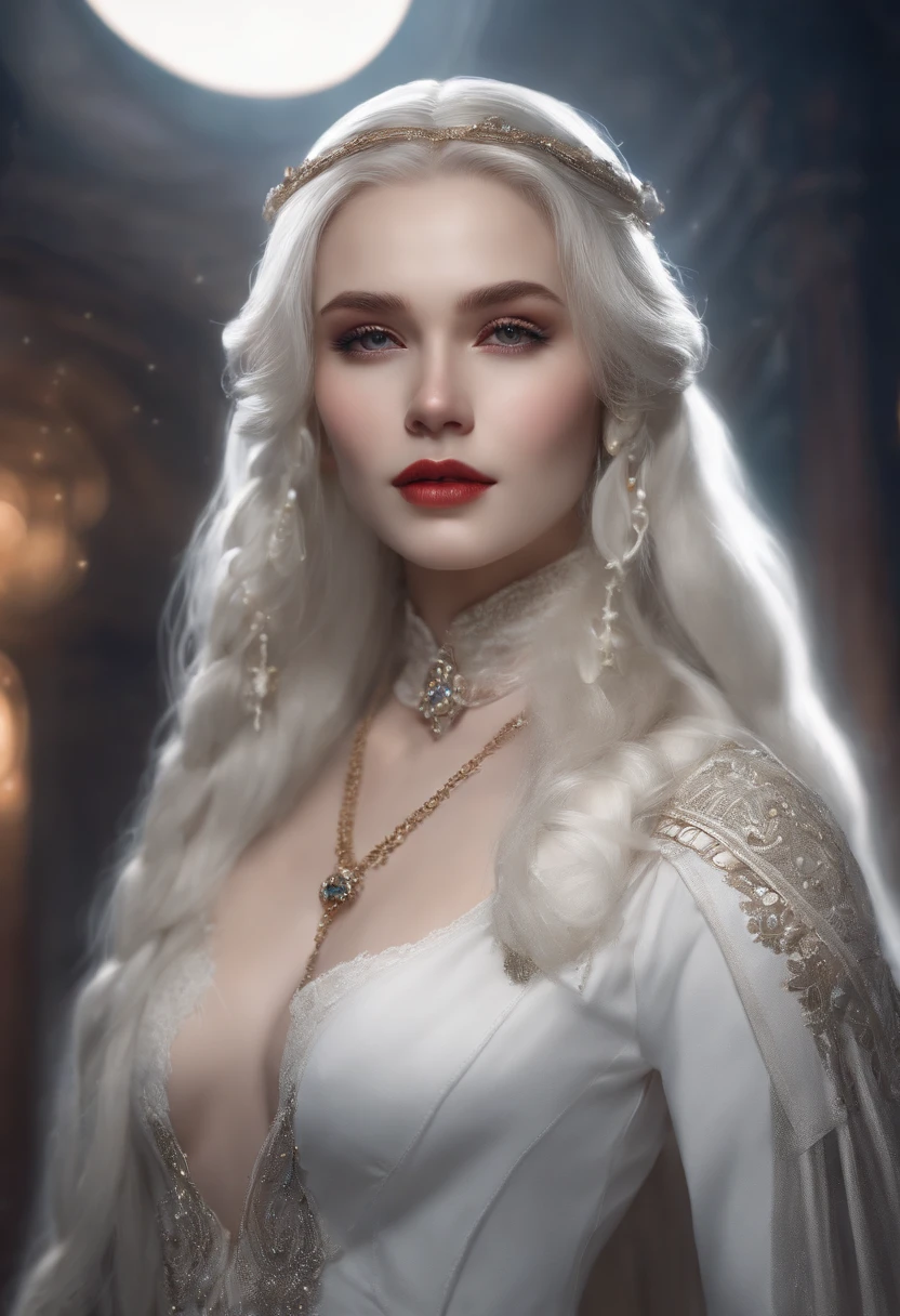 Masterpiece, Highest quality, solofocus, (Perfect face:1.1), (High detail:1.1),Dramatic, 1人, (Pale skin), Long braids, white hair, White eyes, Solo, Long hair, Moon, Night, white luxury suit, White fedora, covered navel, pouty lips, Covered, Jazz clubs, Detailed background, Art by Artgerm and Greg Rutkowski, Gothic Renaissance, Cinematic lighting,