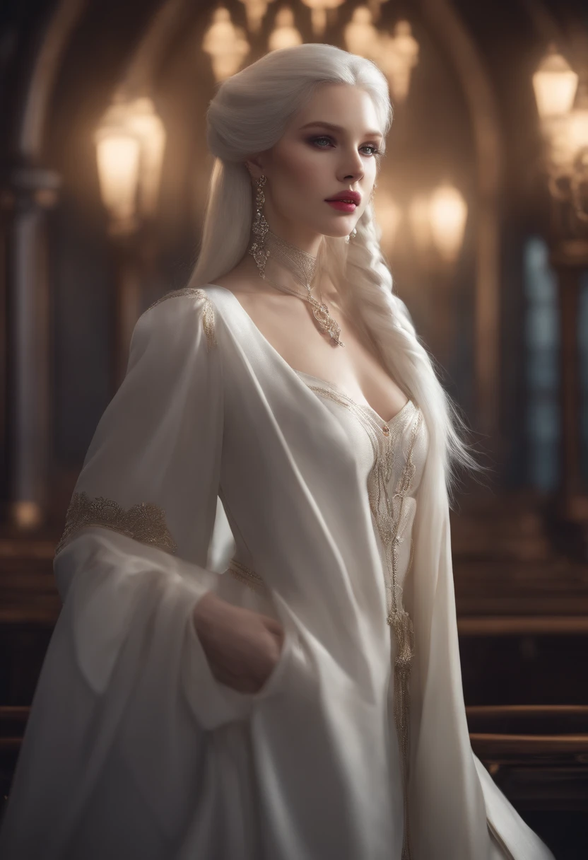 Masterpiece, Highest quality, solofocus, (Perfect face:1.1), (High detail:1.1),Dramatic, 1人, (Pale skin), Long braids, white hair, White eyes, Solo, Long hair, Moon, Night, white luxury suit, White fedora, covered navel, pouty lips, Covered, Jazz clubs, Detailed background, Art by Artgerm and Greg Rutkowski, Gothic Renaissance, Cinematic lighting,