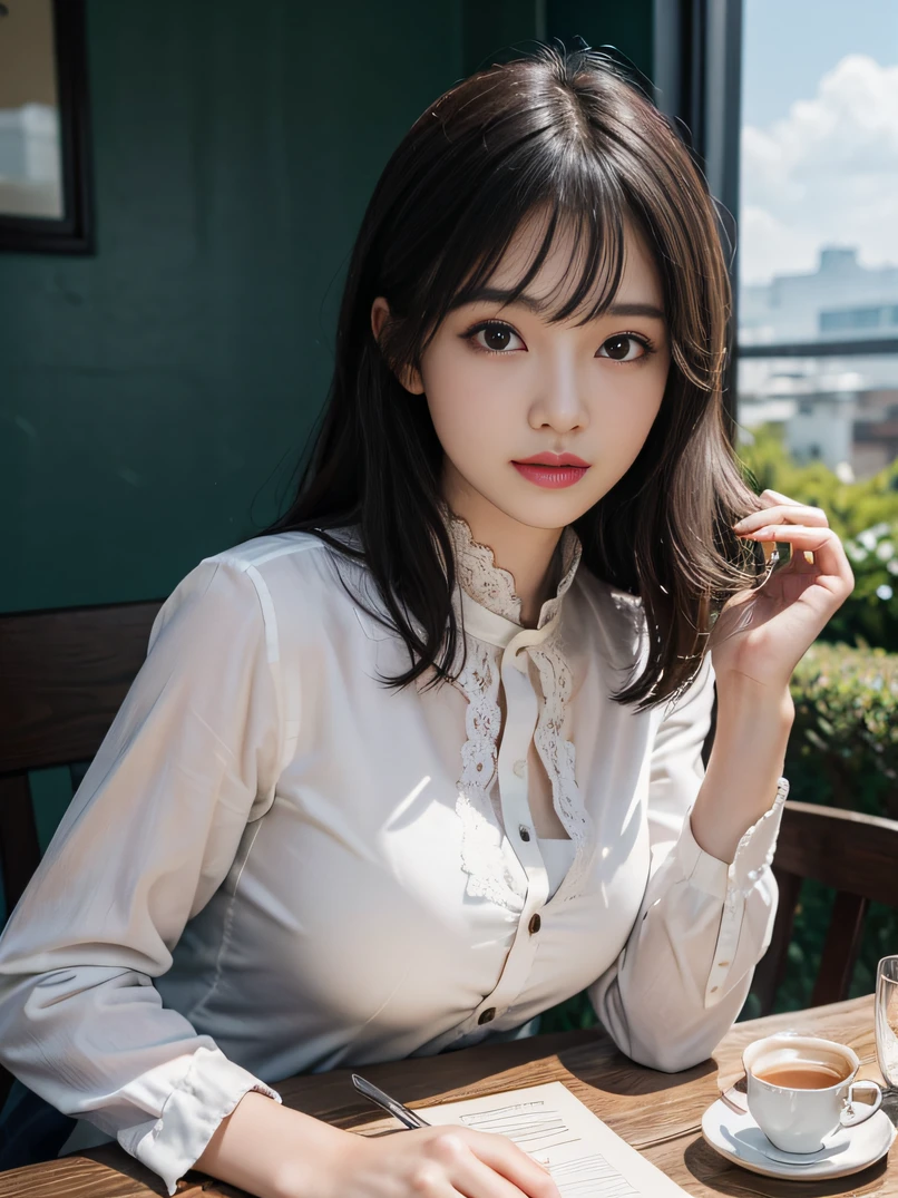 in 8K、top-quality、masterpiece、realisitic、Photorealsitic、ultra-detailliert、1 cute girl、bustshot、Beautiful detailed sky、Detailed Cafe、Sitting in front of a table、Table with afternoon tea、A smile、Mouth closed、blush nose、Medium chest、Thin makeup、beautidful eyes、beautifull hands、A detailed face、Detailed hand depiction、shirt with collar、during daytime、rays of sunshine、white lace business clothes、校服、length hair、Novafrog style with black hair、de pele branca、Cinematic Light、(Tea table:1)、(hand bag:1)、watching at viewers