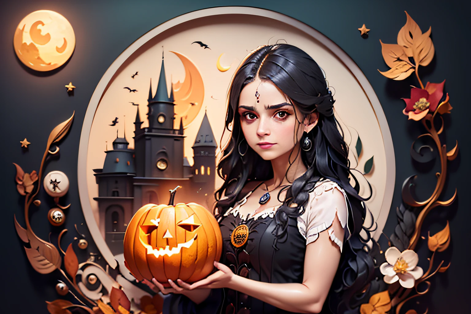Bruja sosteniendo una calabaza y luna llena en la espalda, hermosa bruja hembra, Hermosa bruja espeluznante hembra, Hermosa bruja femenina, Estilo de arte de Halloween calabaza Jack, Mujer Bruja, Hermosa bruja con cabello largo, Retrato de una bruja, bruja, Bruja, Retrato de una joven bruja, Bruja hechicera malvada, Hermosa bruja malvada, classical witch, una bruja, Bruja brillante, bosque con criaturas a los lados