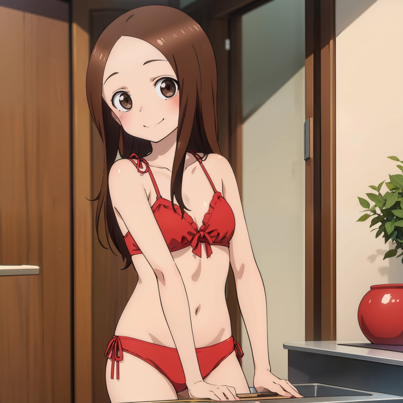 Takagi-san, solo, smile, blush, red bikini, Brown hair, long hair, masterpiece, best quality