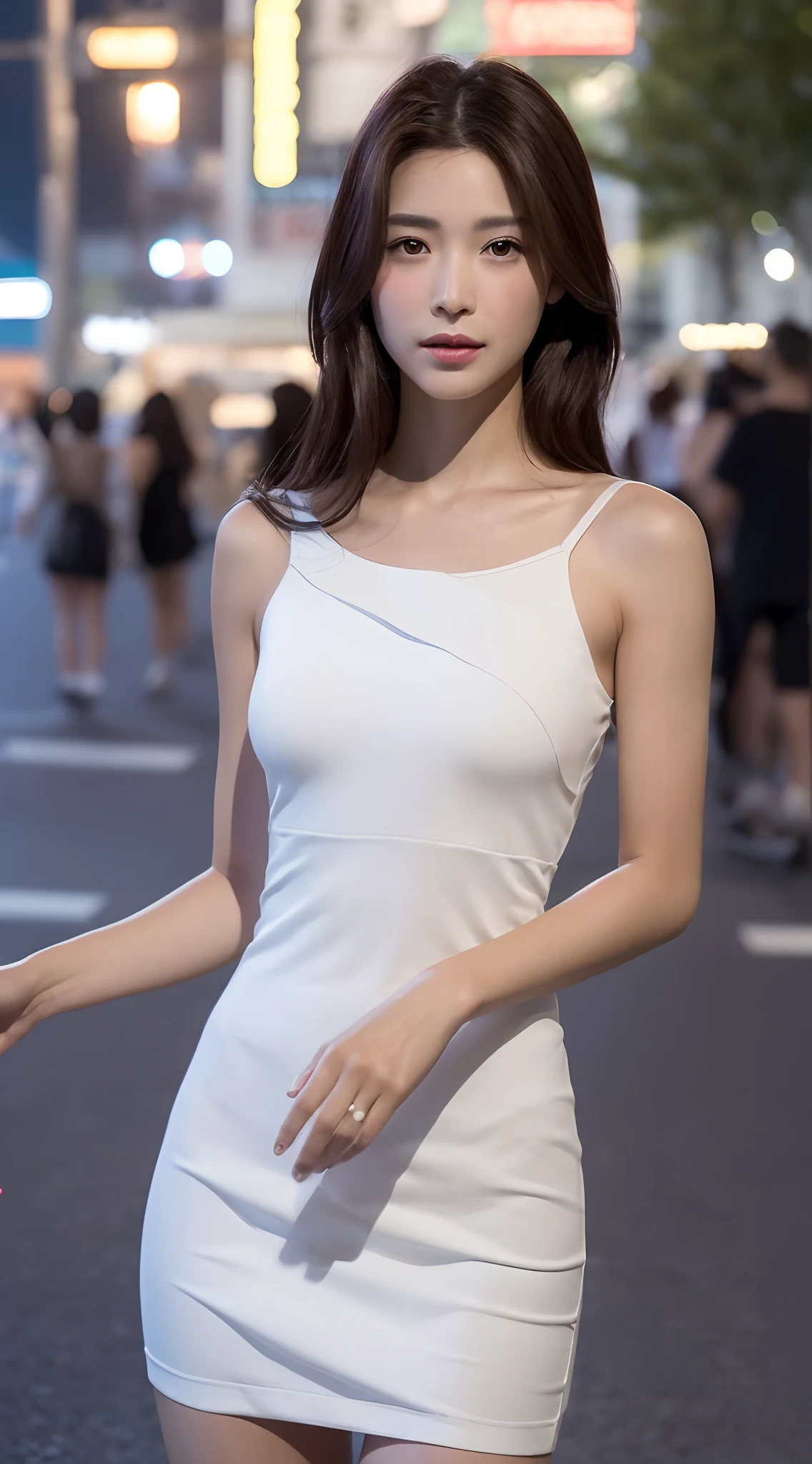 ((Realistic lighting, best qualtiy, 8K, tmasterpiece:1.3)), sharp fokus:1.2, 1girll, Beautiful Women with Perfect Figure:1.4, Slim abs:1.1, ((dark brown hair)), (white dresses:1.4),(inside in room,during night:1.1),Ultra-fine face,Fine eyes,二重まぶた,Realiy,Fair skin,black lence stockings,In the villa