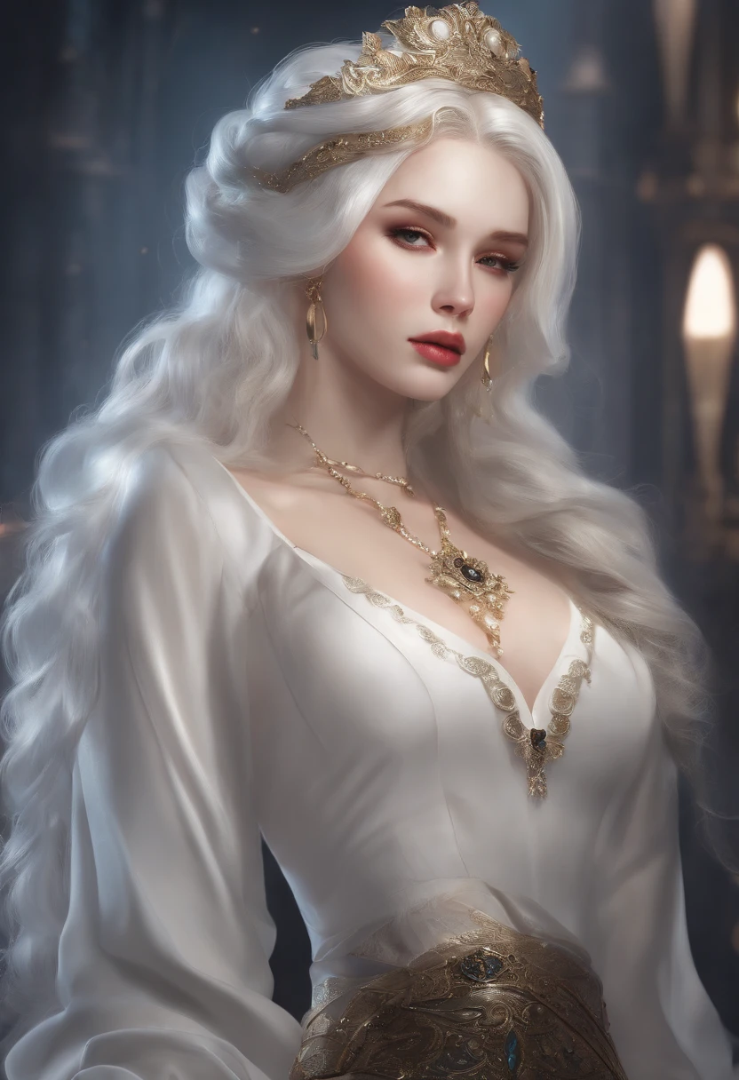 Masterpiece, Highest quality, solofocus, (Perfect face:1.1), (High detail:1.1),Dramatic, 1人, (Pale skin), Long braids, White hair, White eyes, Solo, Long hair, Moon, Night, white luxury suit, White fedora, covered navel, pouty lips, Covered, Jazz clubs, Detailed background, Art by Artgerm and Greg Rutkowski, Gothic Renaissance, Cinematic lighting,