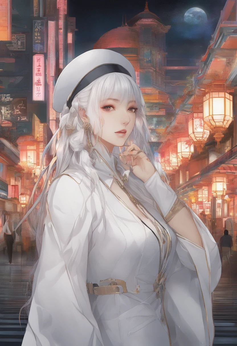 Masterpiece, Highest quality, solofocus, (Perfect face:1.1), (High detail:1.1),Dramatic, 1人, (Pale skin), Long braids, White hair, White eyes, Solo, Long hair, Moon, Night, white luxury suit, White fedora, covered navel, pouty lips, Covered, Jazz clubs, Detailed background, Art by Artgerm and Greg Rutkowski, Gothic Renaissance, Cinematic lighting,