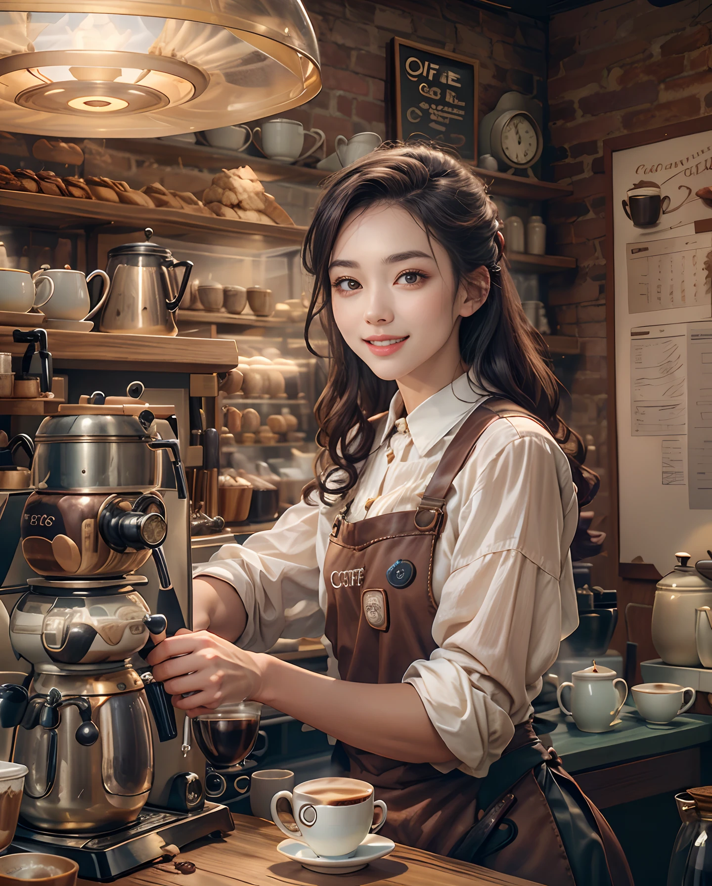 The coffee shop of the future、Woman making delicious coffee、25years old、1Girl clerk、Look at the viewer、smil、Finish as shown in the photo、Coffee and beauty、
