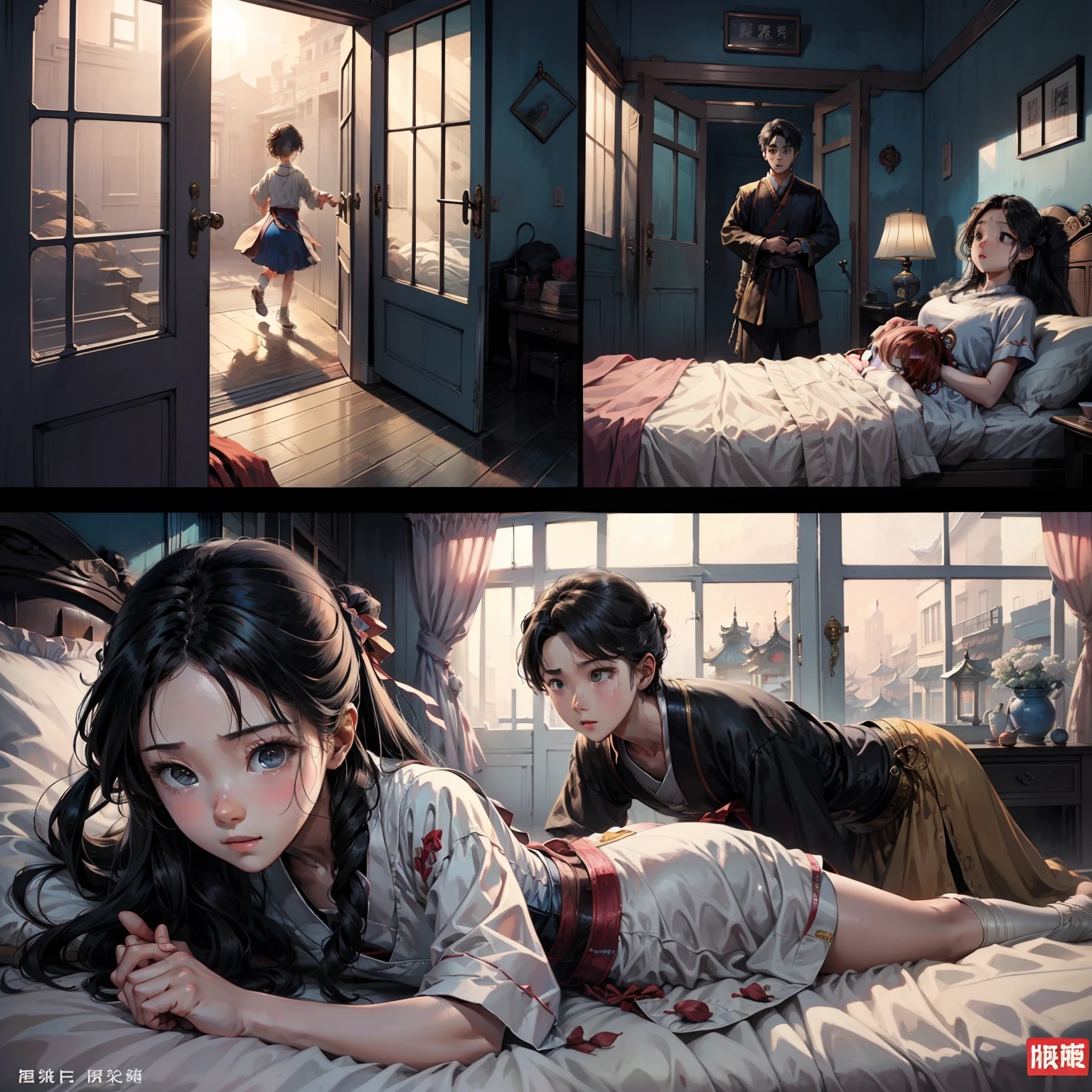 comic, The girl opened the door。The girl sees the boy and another woman lying on the bed。The boy panicked。The girl ran away。