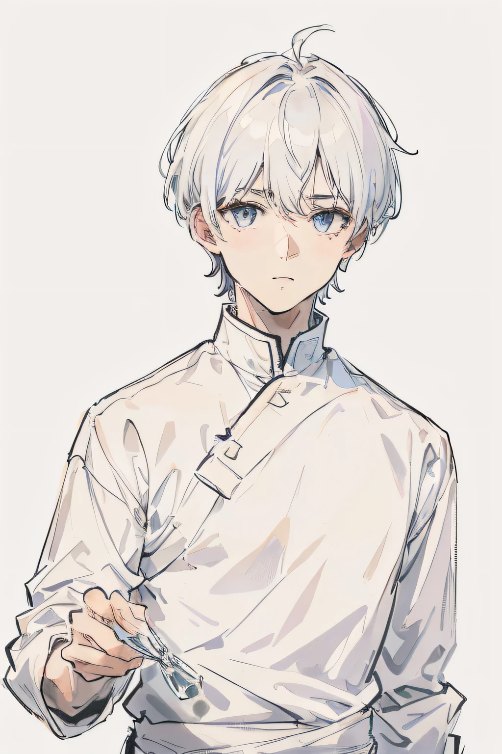 masterpiece, best quality, high quality, 1boy, solo, male focus, looking at viewer, upper body, white hair with mash cut hairstyles dressing white shirt.