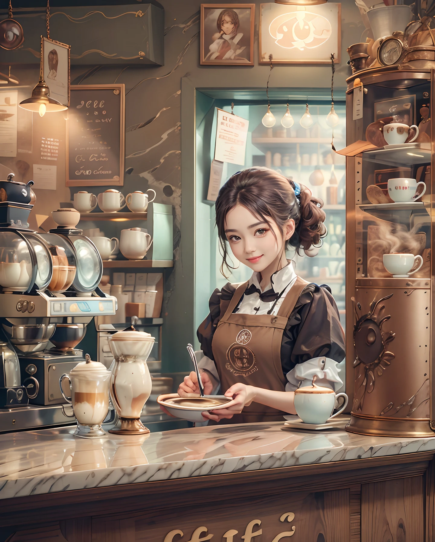 The coffee shop of the future、Woman making delicious coffee、25Wife clerk、1Girl clerk、Look at the viewer、smil、Finish as shown in the photo、Coffee and beauty、
