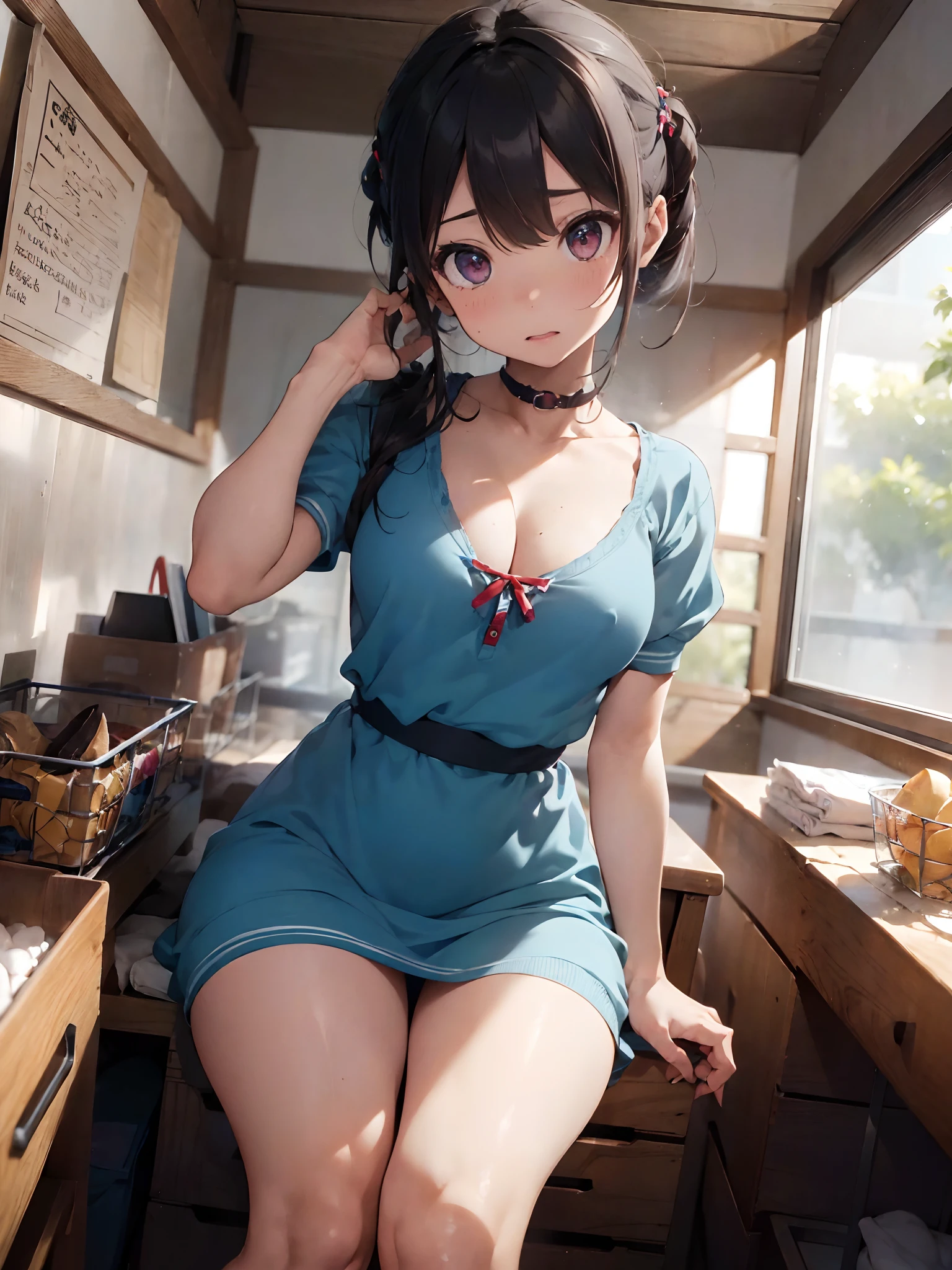 SFW, realista, obra prima, Detailed scenery of the interior of the room, Incrivelmente quente (Mulher 1) Uso sexual,((vestido curto)), (((Vestido levantado)), (Gree),(fear expression),(calcinha branca aparecendo) rosto corado