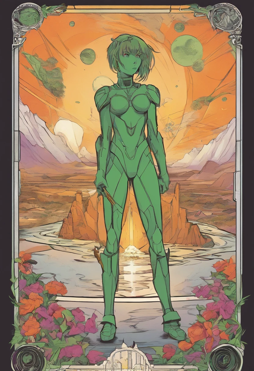 tarot card style, detalhes intrincados, image of evangelion animation, pencil draw, linhas de tinta verde e roxa