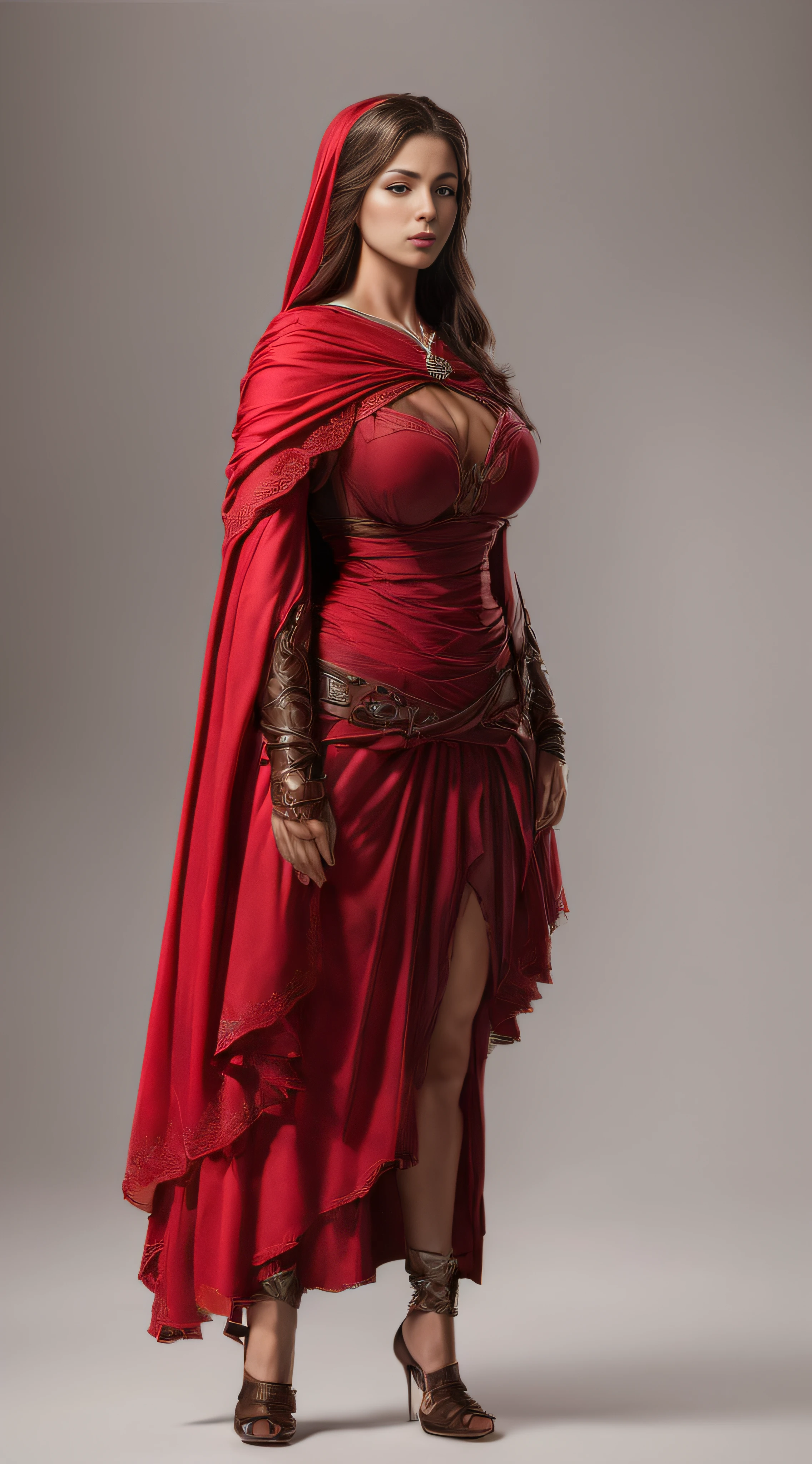 ((masterpiece))), (((best quality))), ((ultra-detailed)), (hyperrealistic), (highly detailed CG illustration), cinematic light, photorealistic ,extremely beautiful young lady, (beautiful face and lips), light makeup, big breast, intricate detailed eaba, red cape, spear, trending on artstation.(Show full body standing action pose)(photorealistic, movie look) (low angle)