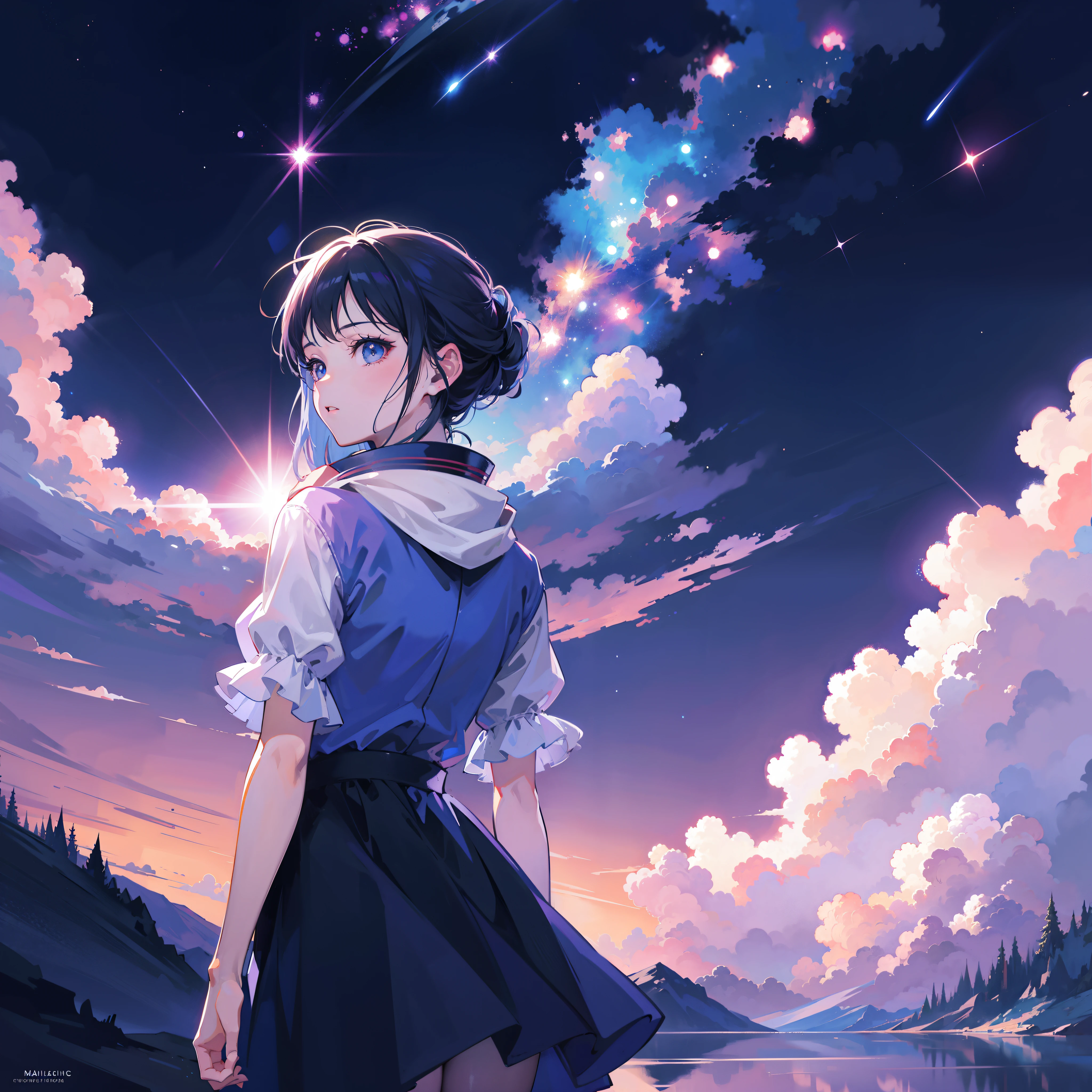 anime girl looking at the stars in the sky, makoto shinkai cyril rolando, anime girl with cosmic hair, anime art wallpaper 4k, anime art wallpaper 4 k, anime art wallpaper 8 k, anime style 4 k, cosmic skies. by makoto shinkai, girl looks at the space, beautiful anime artwork, 4k anime wallpaper