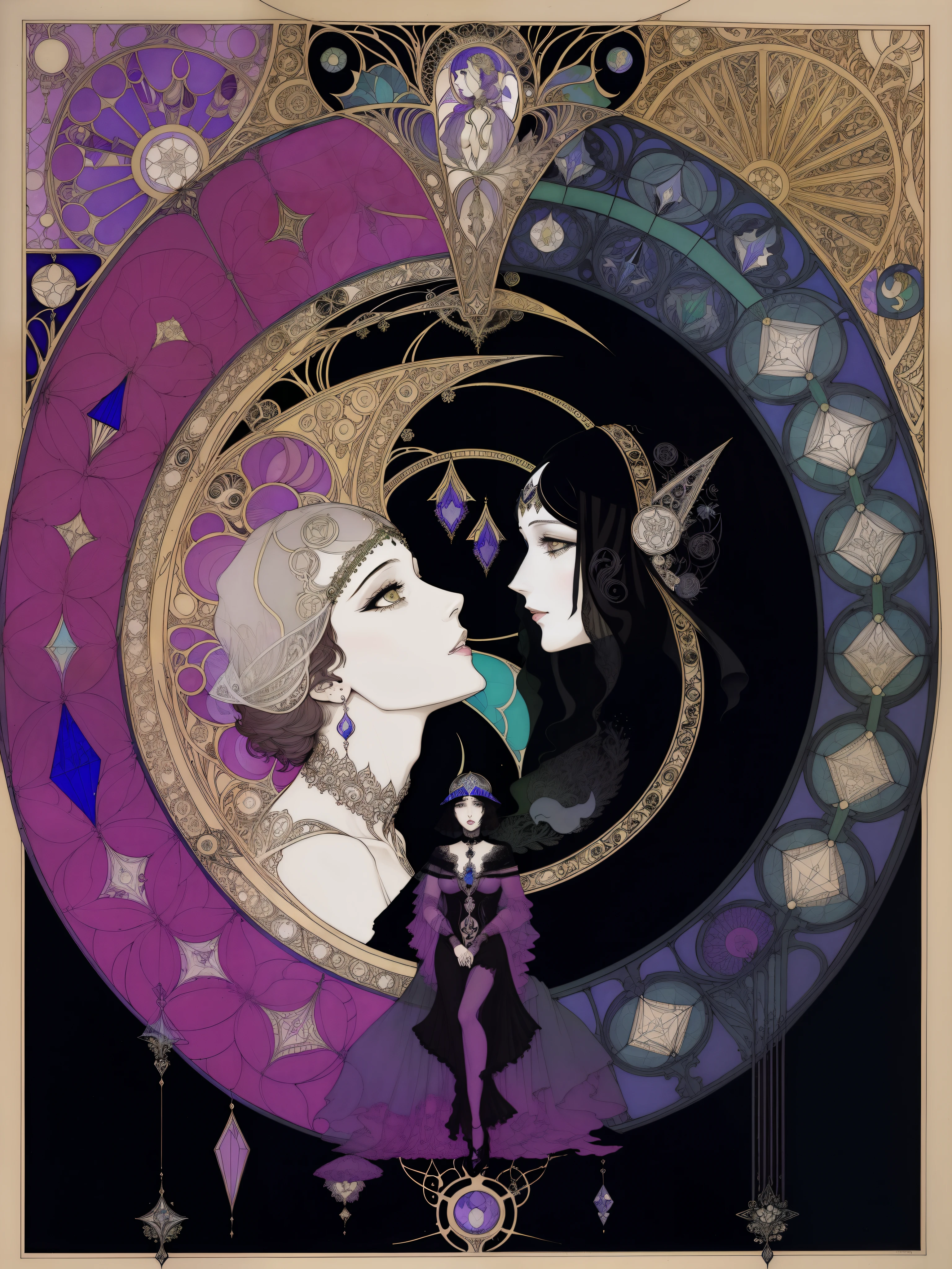 there is a drawing of a woman and a bird on a black background, harry clarke artwork, by Harry Clarke, inspired by Harry Clarke, beardsley, kay nielsen and wadim kashin, inspired by Kay Nielsen, style of carlos schwabe, oz, right side composition, arthur rackham and milo manara, by Aubrey Beardsley, marjorie cameron