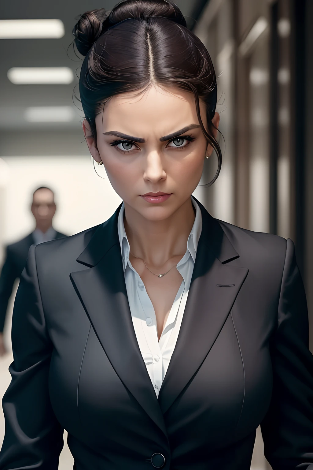 (best quality:1.2),(masterpiece:1.0), an arrogant and ruthless (38 year old) businesswoman, dark hair in a perfect (hair bun), beautiful face, highly detailed eyes, serious and intimidating expression, arrogance, walking towards the camera with confident strides, arrogance, ruthlessness, confidence, anger, solo