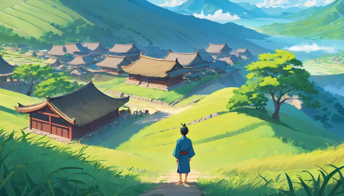A village during the Warring States period in ancient China，thatched hut，Man stands on the mountain and looks at the sky，worry，the detail，4k，Clouds